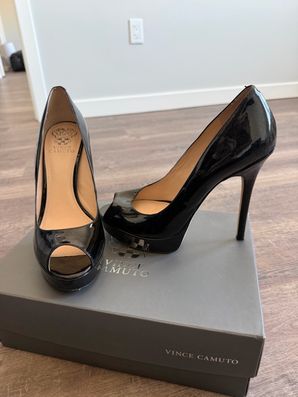 Vince Camuto Black Patent Peep-Toe Platform Pumps